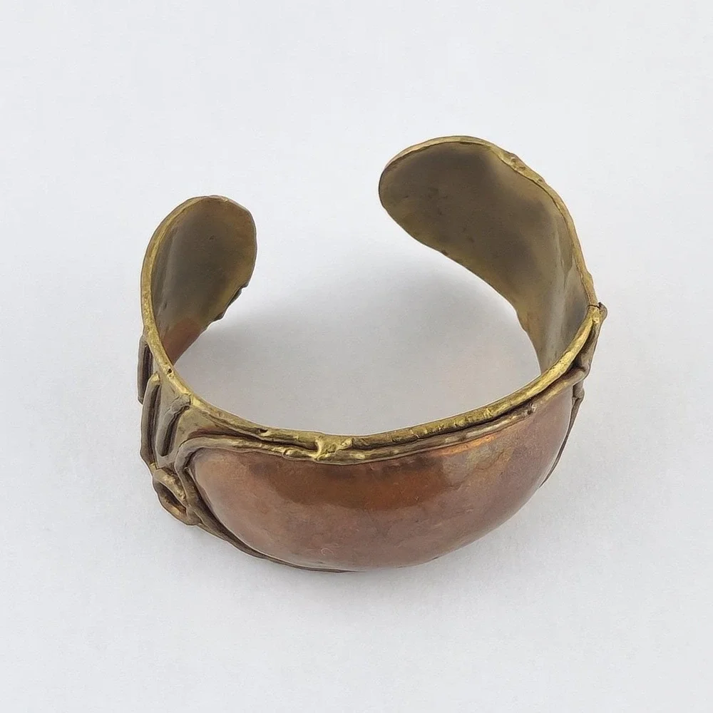 Vintage‎ Brutalist Mixed Metal Repousse Cuff Bracelet Copper Brass Studio Art